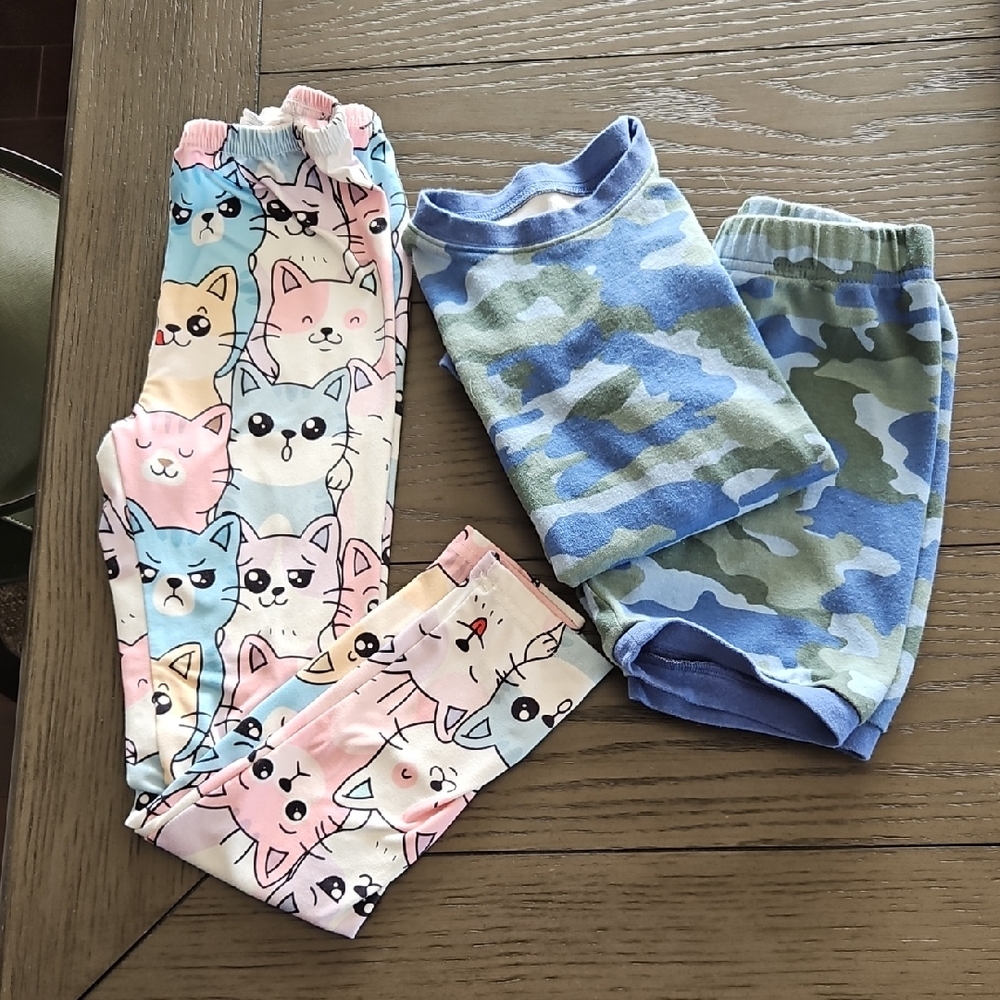 Girls Lot Size 7/8 - Cat Print Pj Bottoms and 2 Pc. Camouflage Print Pajama Set